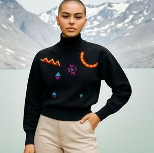 Tyrolean vintage skiwear Aztec Colorado embroidered black fine knit sweater sz S